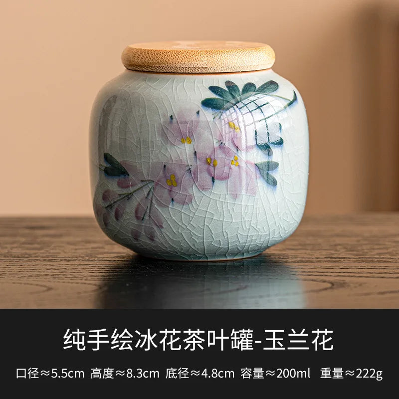 European Ceramic Storage Jar with Cover Hand Painted Flowers for Decoration Tabletop Sealed Tea Canister Kitchen Grain Dispenser